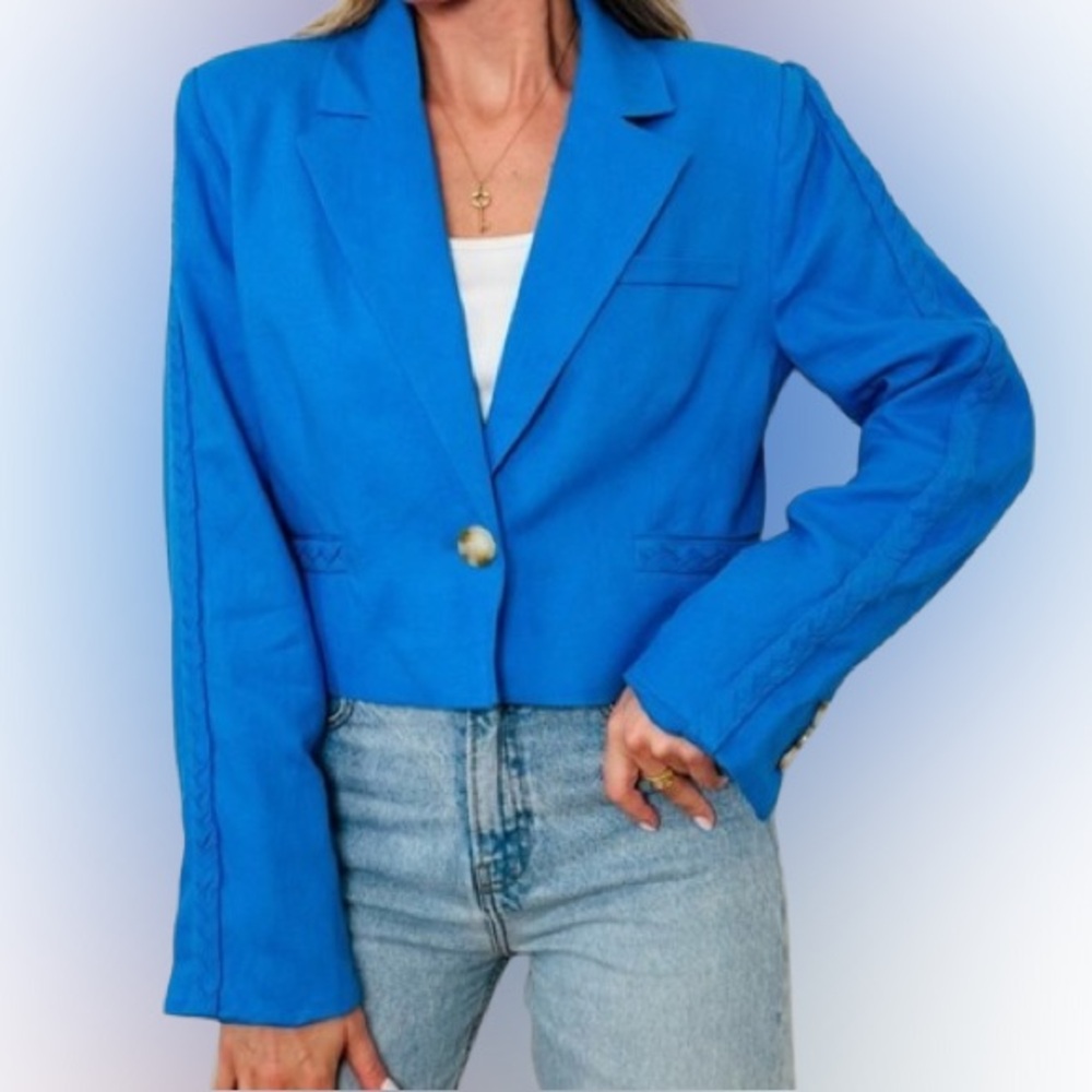NWT Designer Jason Wu Cropped Linen Blazer, Blue, Medium - Picture 9 of 13